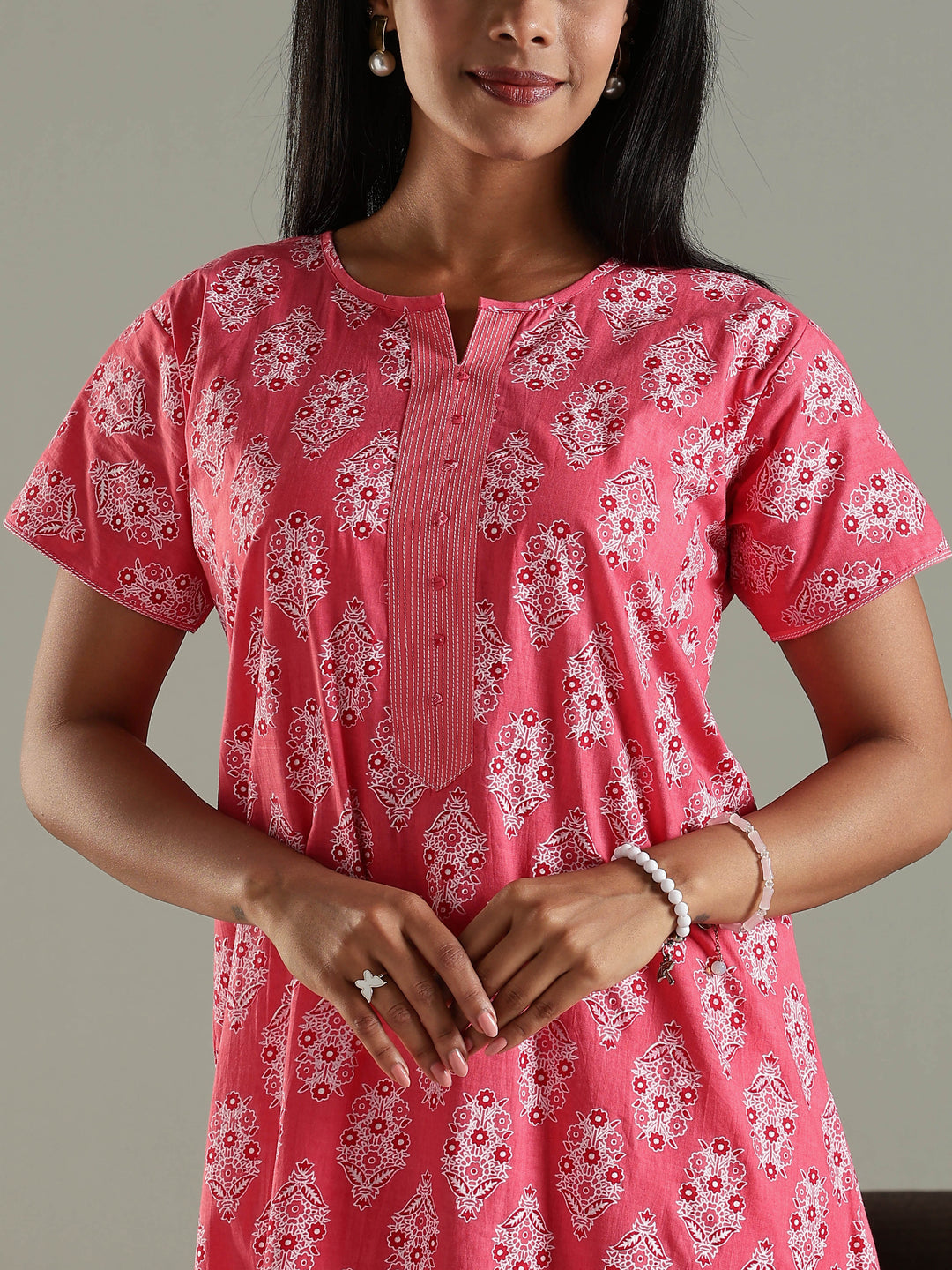 Printed Pink Pure Cotton Nighty for Women with Pocket