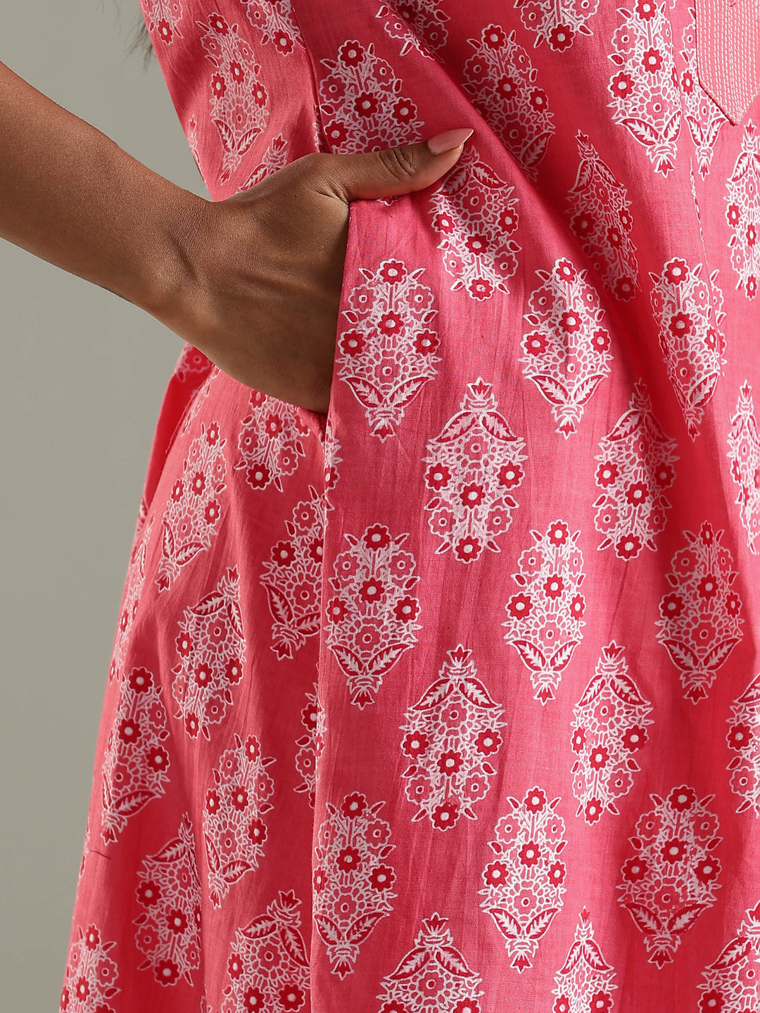 Printed Pink Pure Cotton Nighty for Women with Pocket