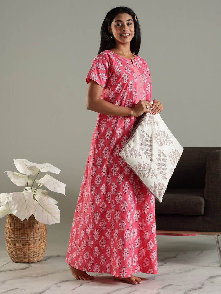 Printed Pink Pure Cotton Nighty for Women with Pocket