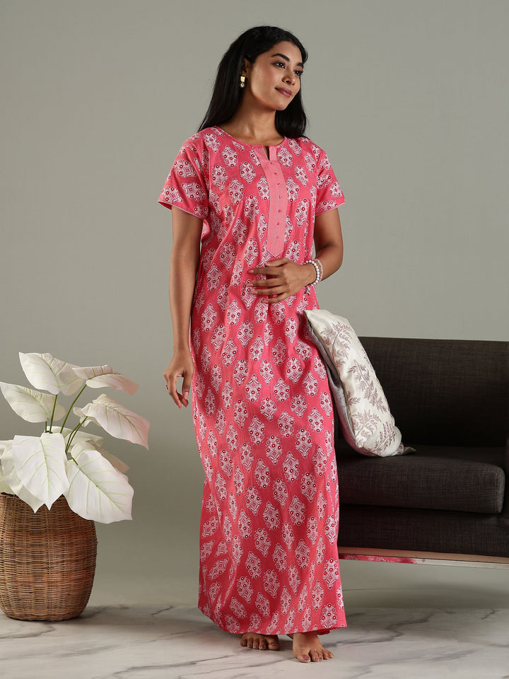 Printed Pink Pure Cotton Nighty for Women with Pocket