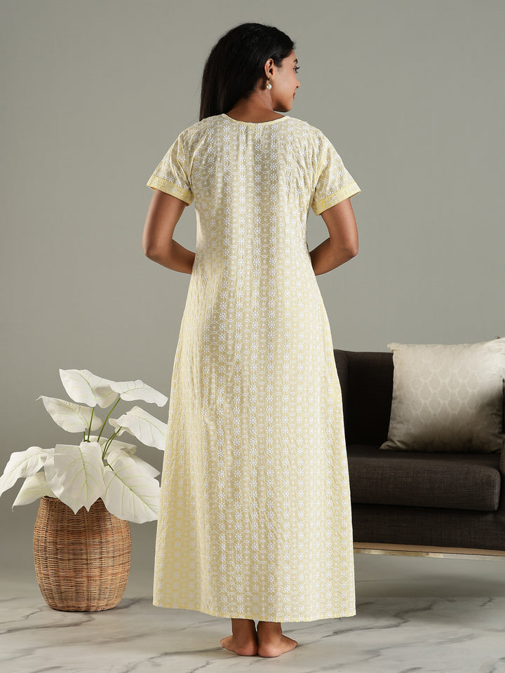 Soft Yellow Pure Cotton Chikankari Nighty for Women Comfortable and Elegant