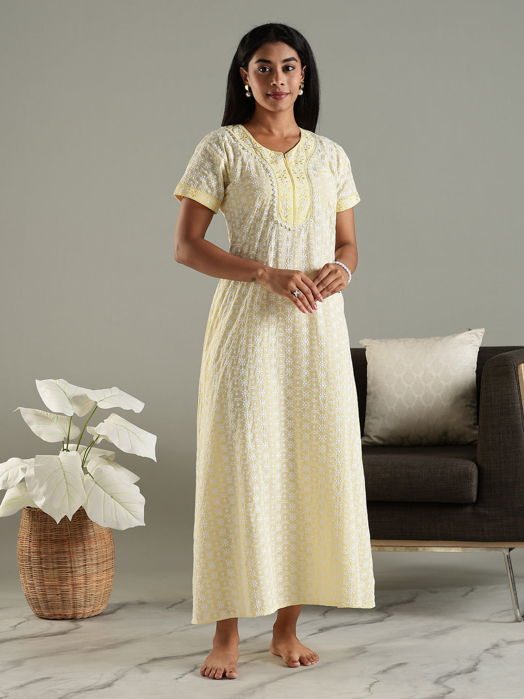 Soft Yellow Pure Cotton Chikankari Nighty for Women Comfortable and Elegant