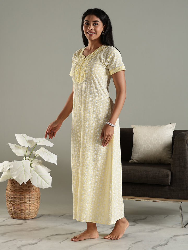 Soft Yellow Pure Cotton Chikankari Nighty for Women Comfortable and Elegant