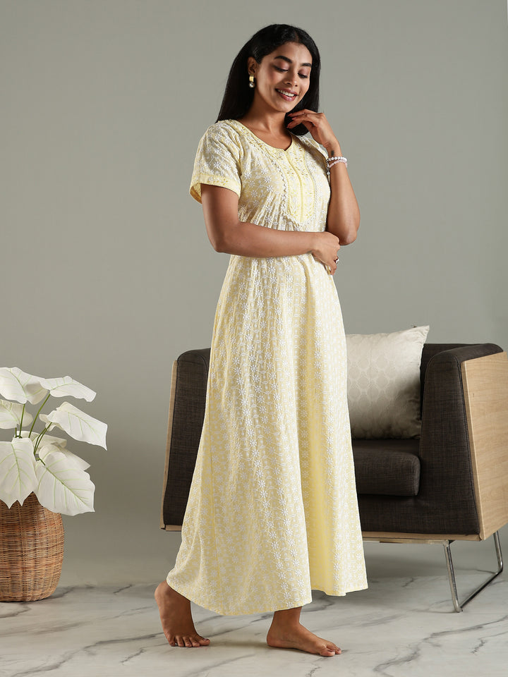 Soft Yellow Pure Cotton Chikankari Nighty for Women Comfortable and Elegant