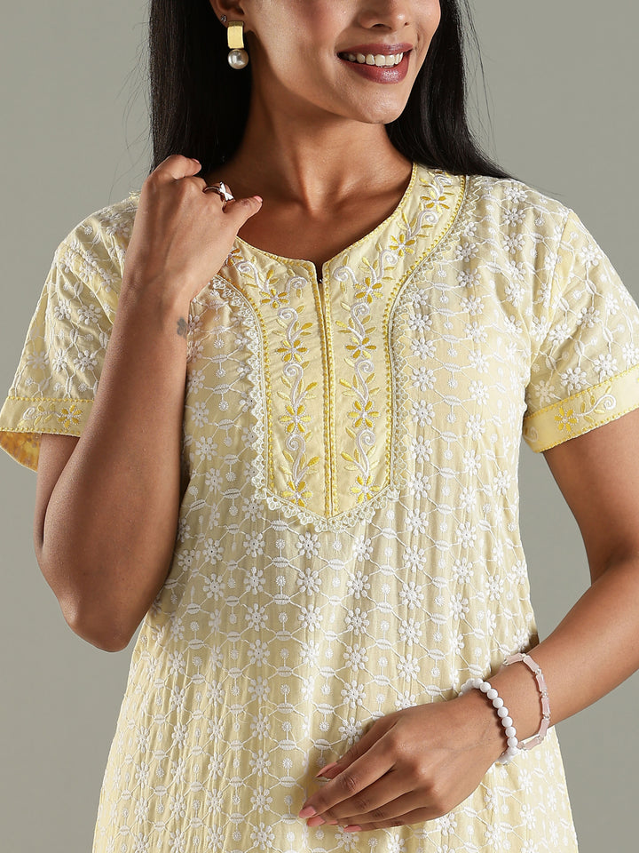 Soft Yellow Pure Cotton Chikankari Nighty for Women Comfortable and Elegant