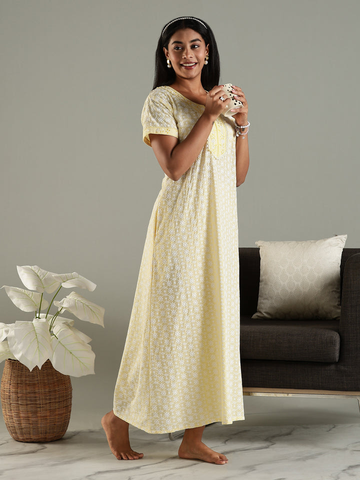 Soft Yellow Pure Cotton Chikankari Nighty for Women Comfortable and Elegant