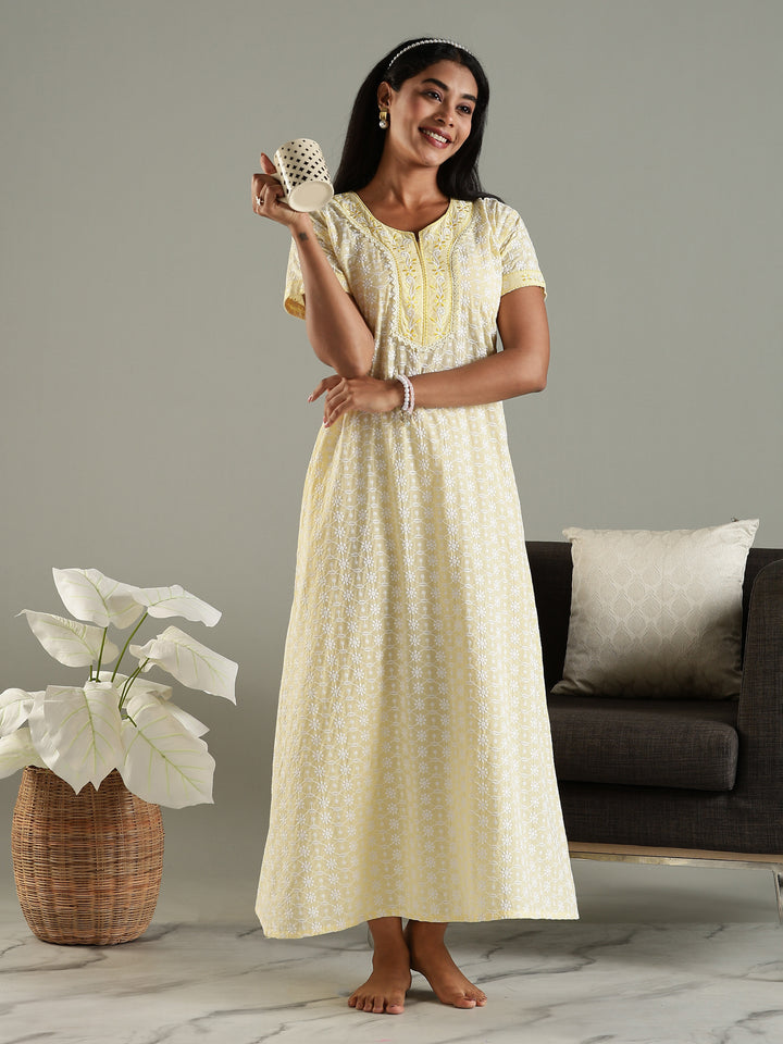 Soft Yellow Pure Cotton Chikankari Nighty for Women Comfortable and Elegant