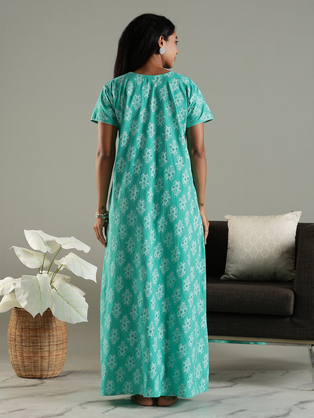 Pure Cotton Printed Maxi Nighty for Women in Green with Pocket