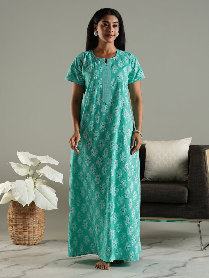 Pure Cotton Printed Maxi Nighty for Women in Green with Pocket