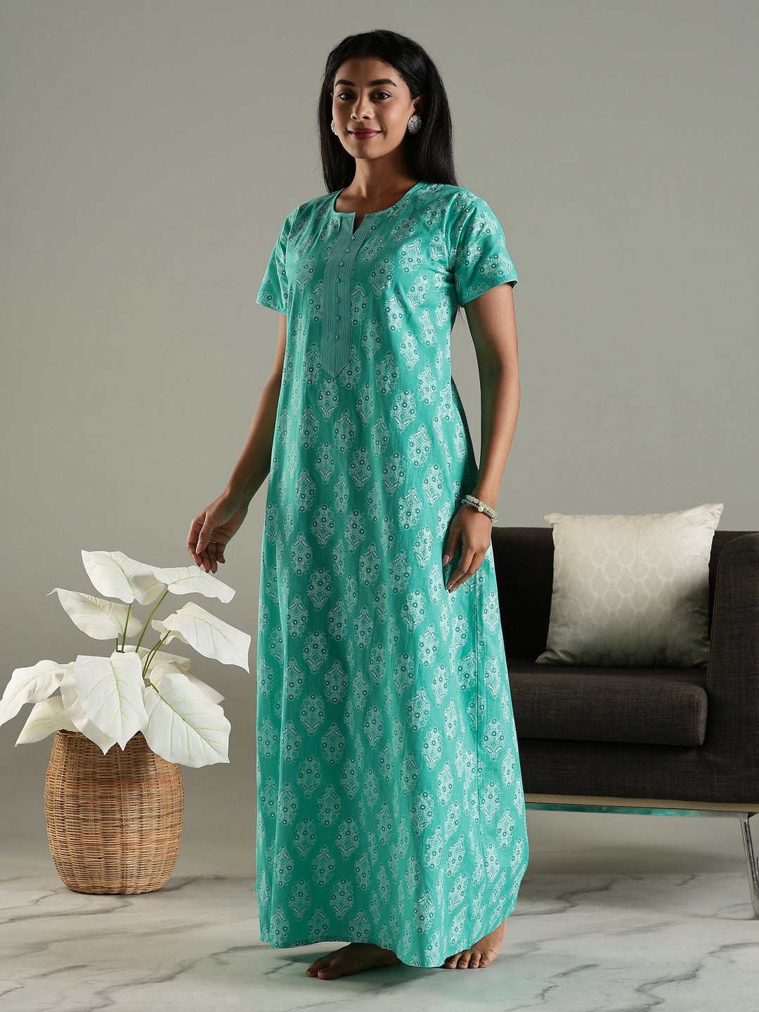 Pure Cotton Printed Maxi Nighty for Women in Green with Pocket