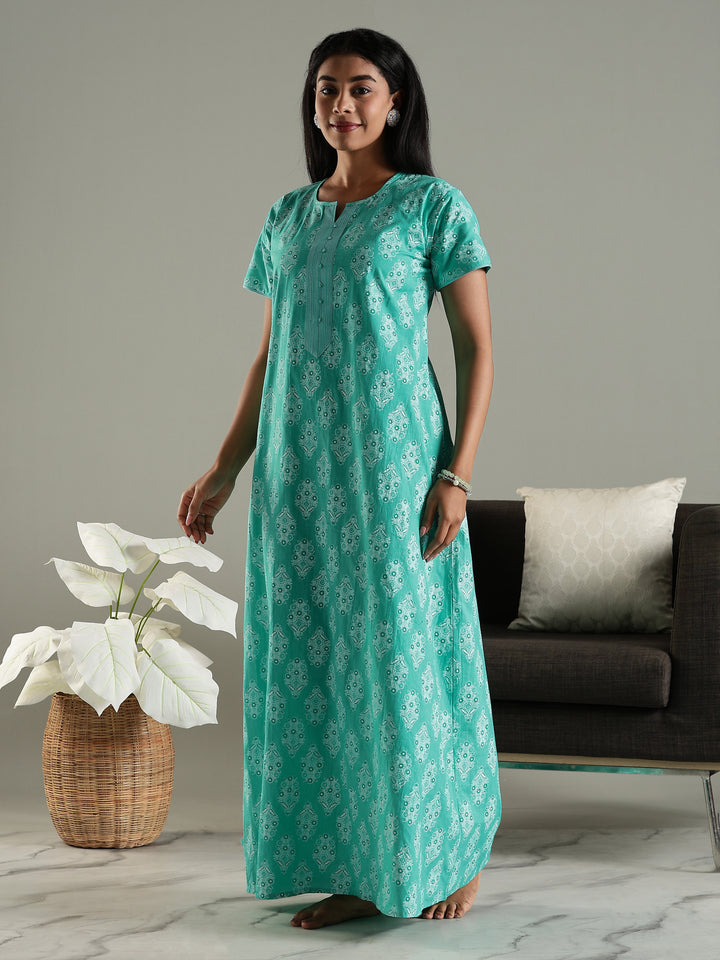Pure Cotton Printed Maxi Nighty for Women in Green with Pocket
