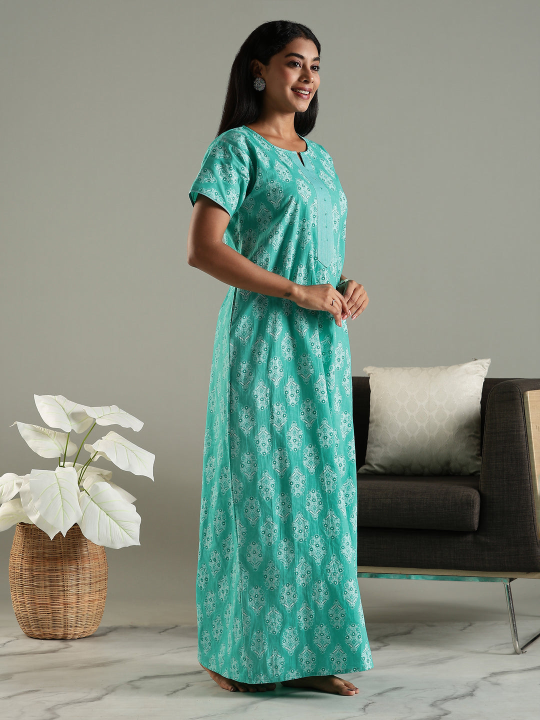 Pure Cotton Printed Maxi Nighty for Women in Green with Pocket