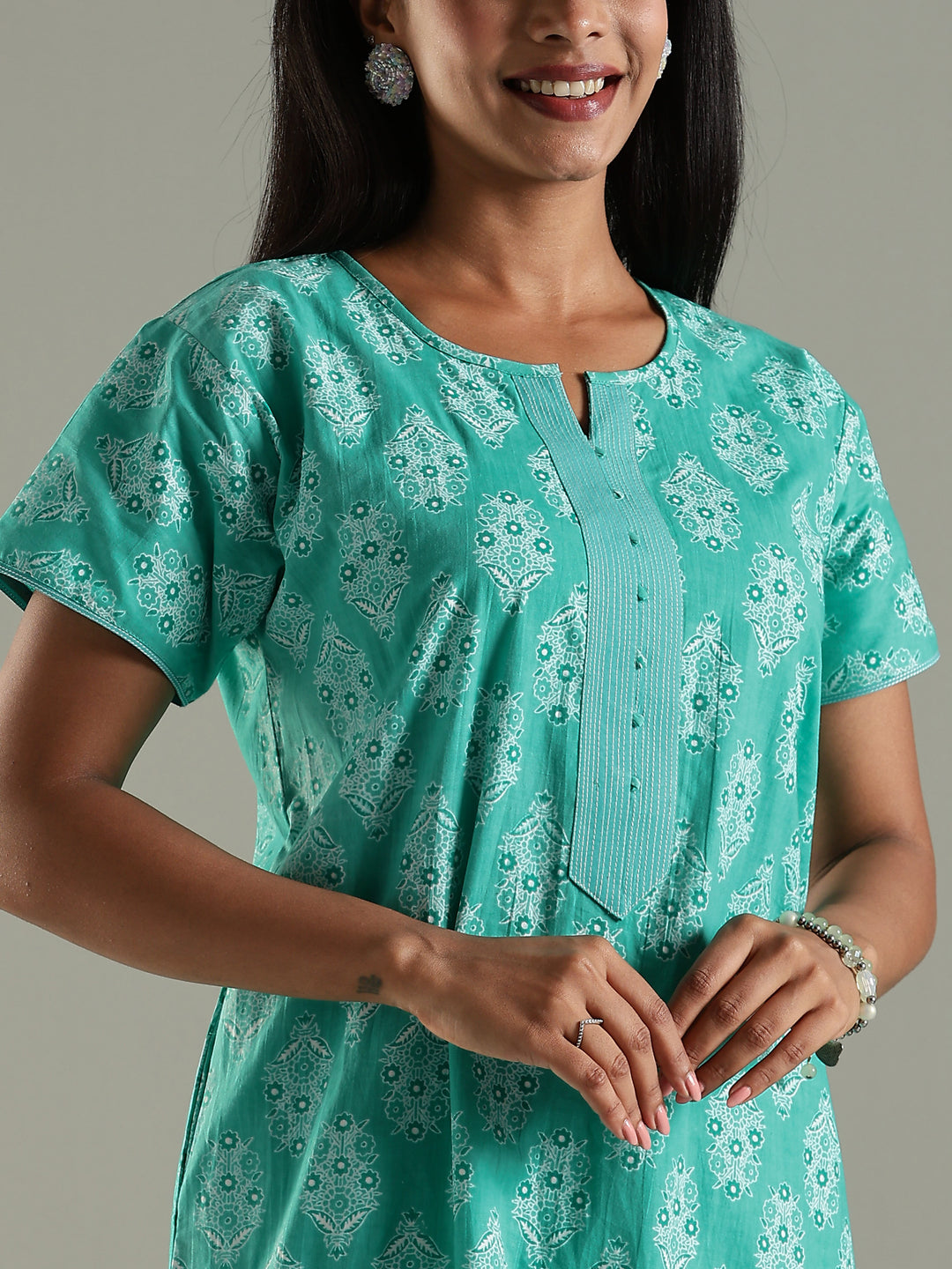 Pure Cotton Printed Maxi Nighty for Women in Green with Pocket