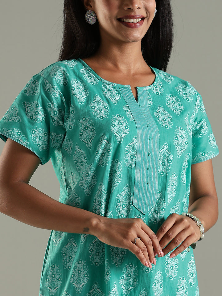 Pure Cotton Printed Maxi Nighty for Women in Green with Pocket