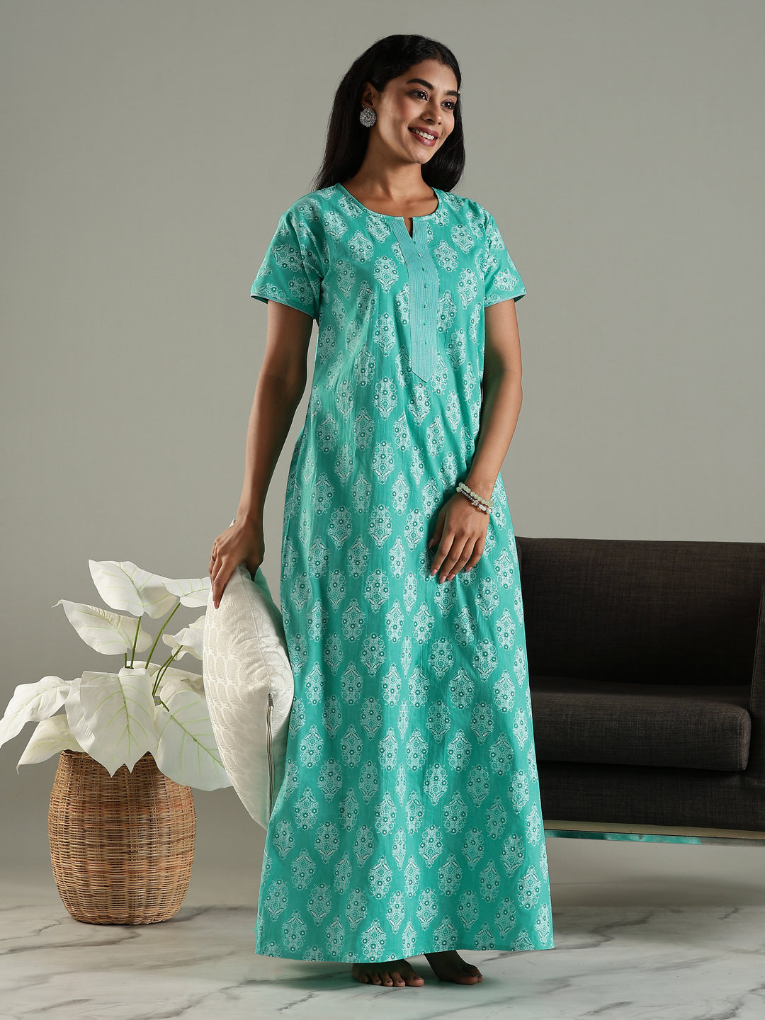 Pure Cotton Printed Maxi Nighty for Women in Green with Pocket