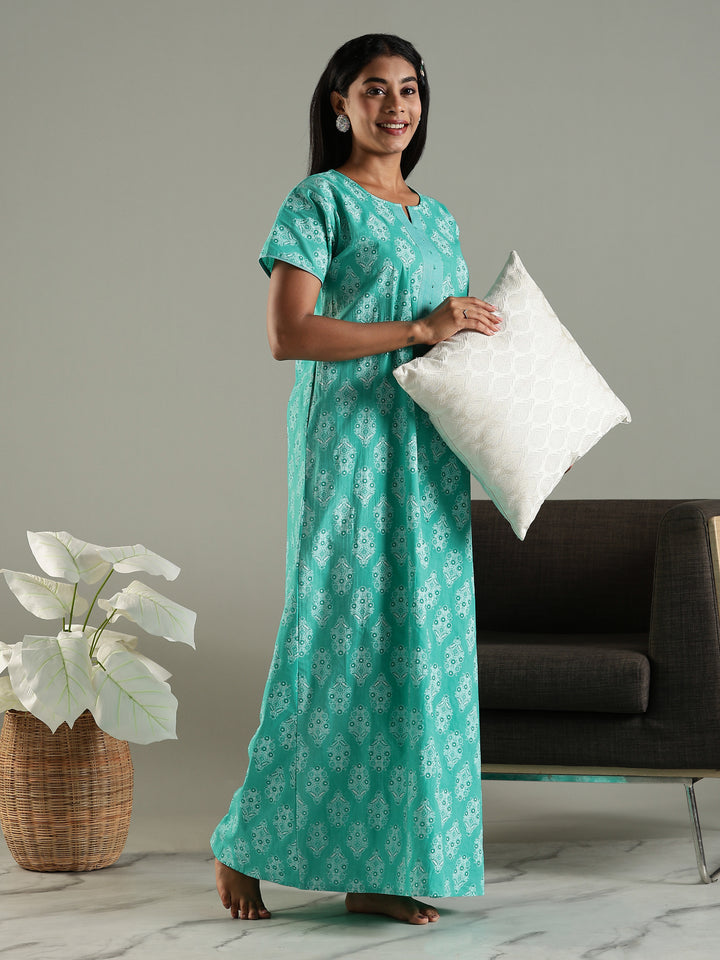 Pure Cotton Printed Maxi Nighty for Women in Green with Pocket