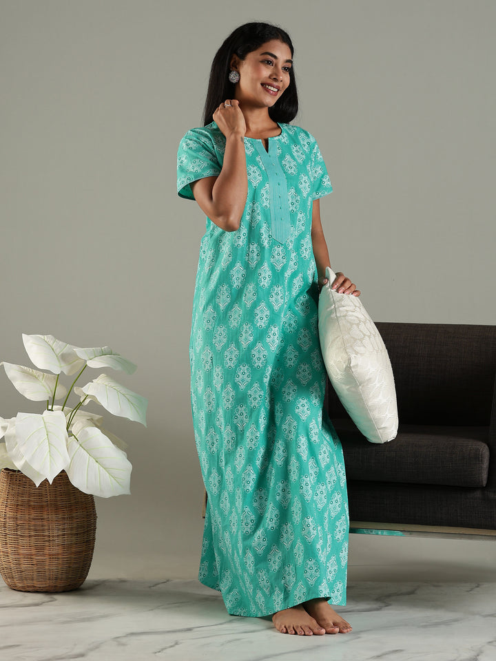 Pure Cotton Printed Maxi Nighty for Women in Green with Pocket