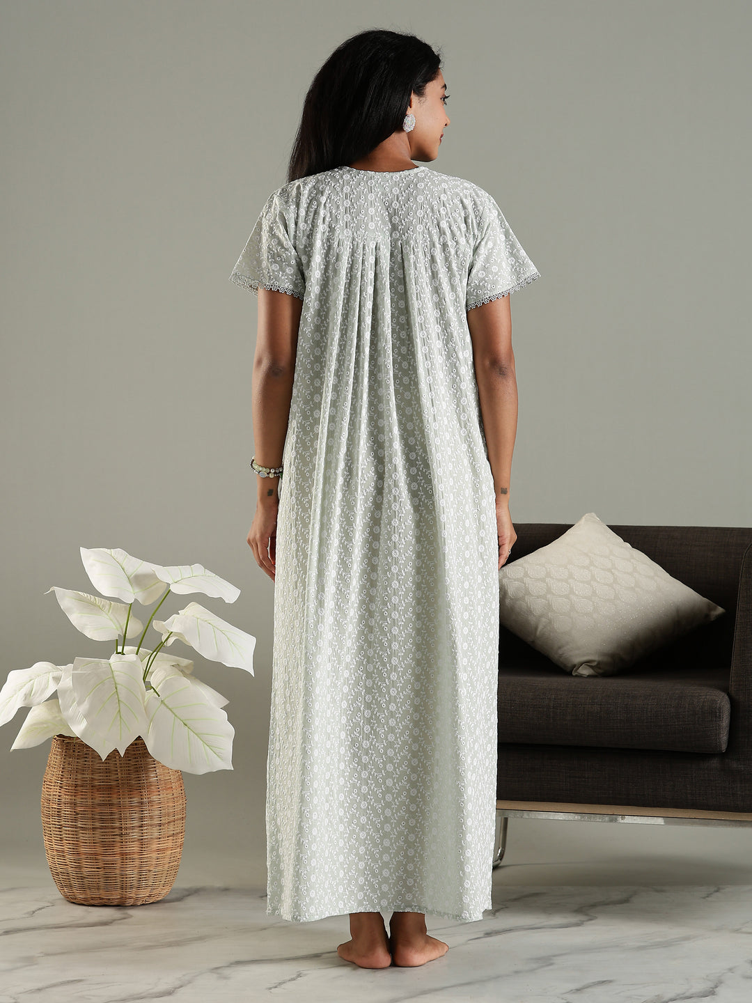 Soft and Elegant Pastel Green Pure Cotton  Chikankari Nighty for Women