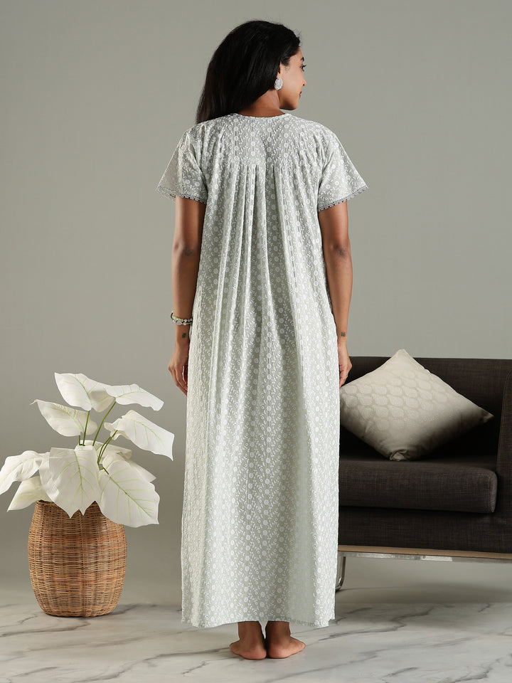 Soft and Elegant Pastel Green Pure Cotton  Chikankari Nighty for Women