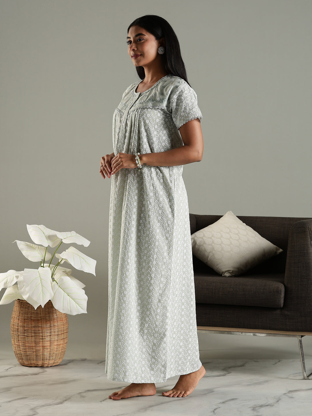 Soft and Elegant Pastel Green Pure Cotton  Chikankari Nighty for Women