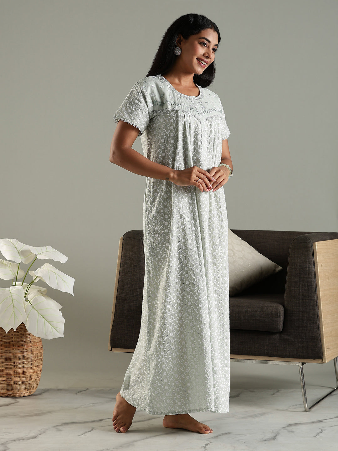 Soft and Elegant Pastel Green Pure Cotton  Chikankari Nighty for Women