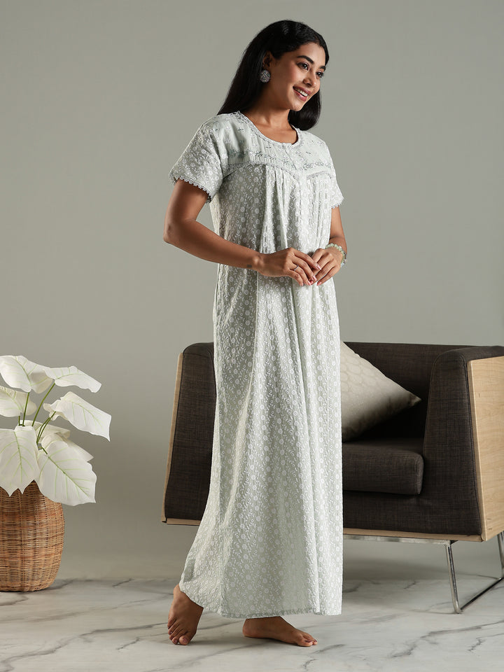 Soft and Elegant Pastel Green Pure Cotton  Chikankari Nighty for Women