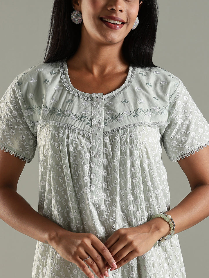 Soft and Elegant Pastel Green Pure Cotton  Chikankari Nighty for Women