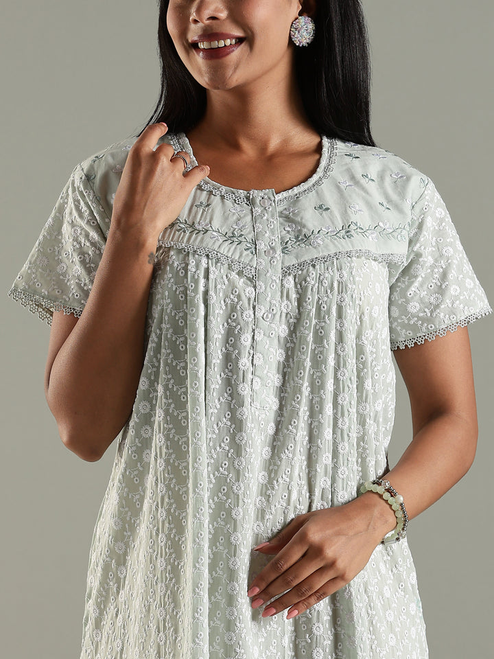 Soft and Elegant Pastel Green Pure Cotton  Chikankari Nighty for Women