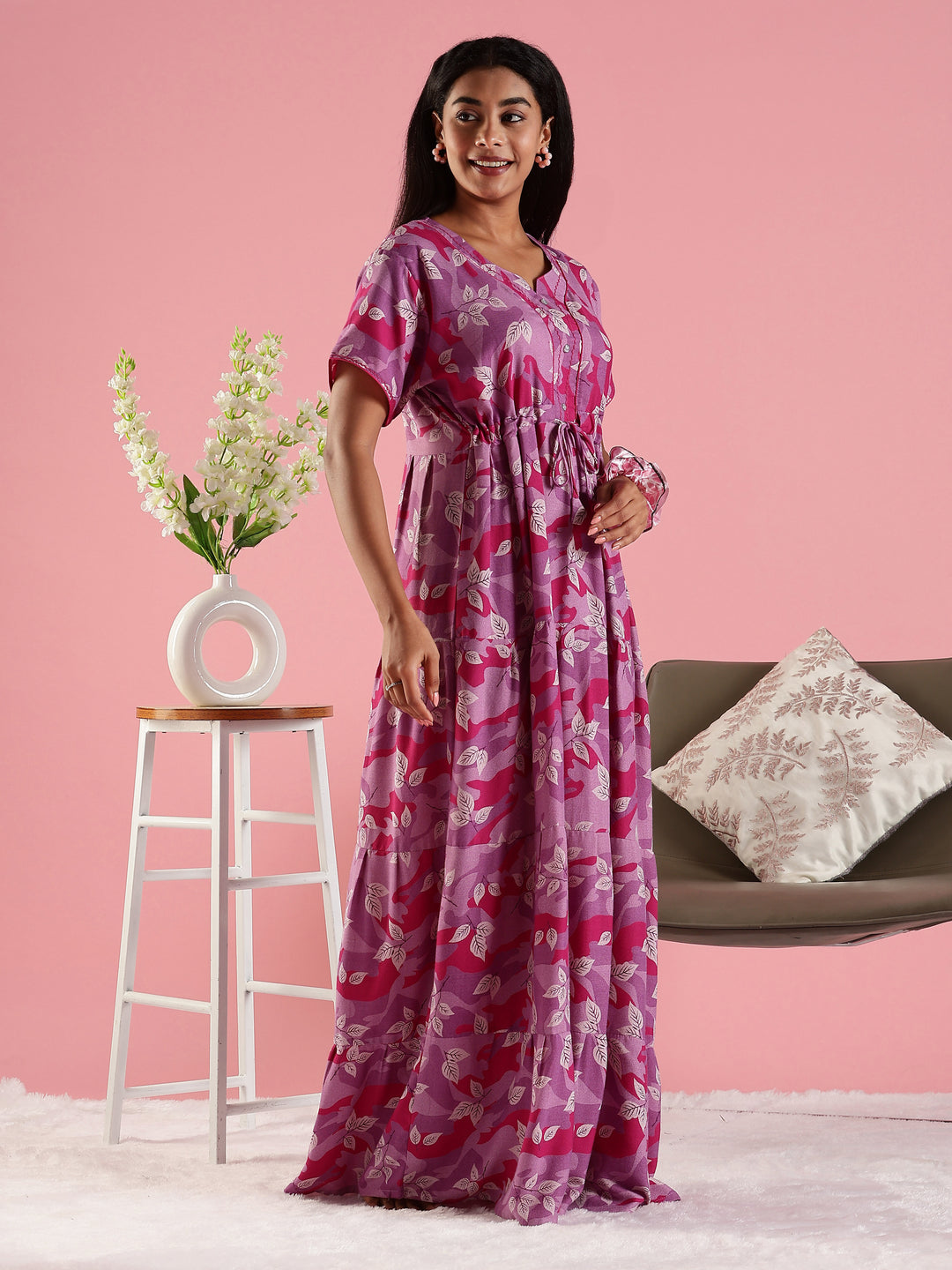 Pink Front Open Nighty for Women in Leaf Camouflage Print