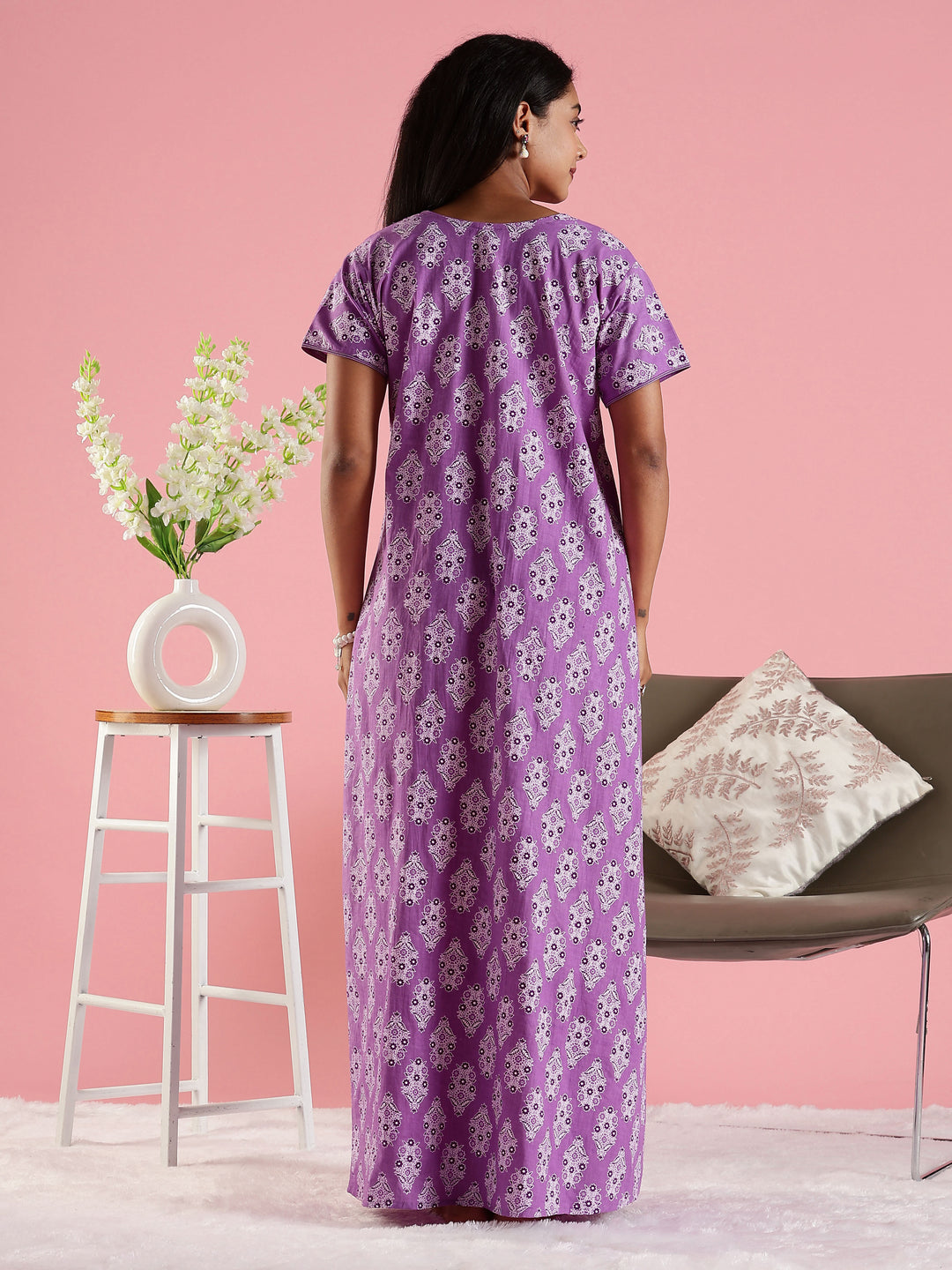 Cotton Nighty for Women in Purple with Printed Design and Pocket
