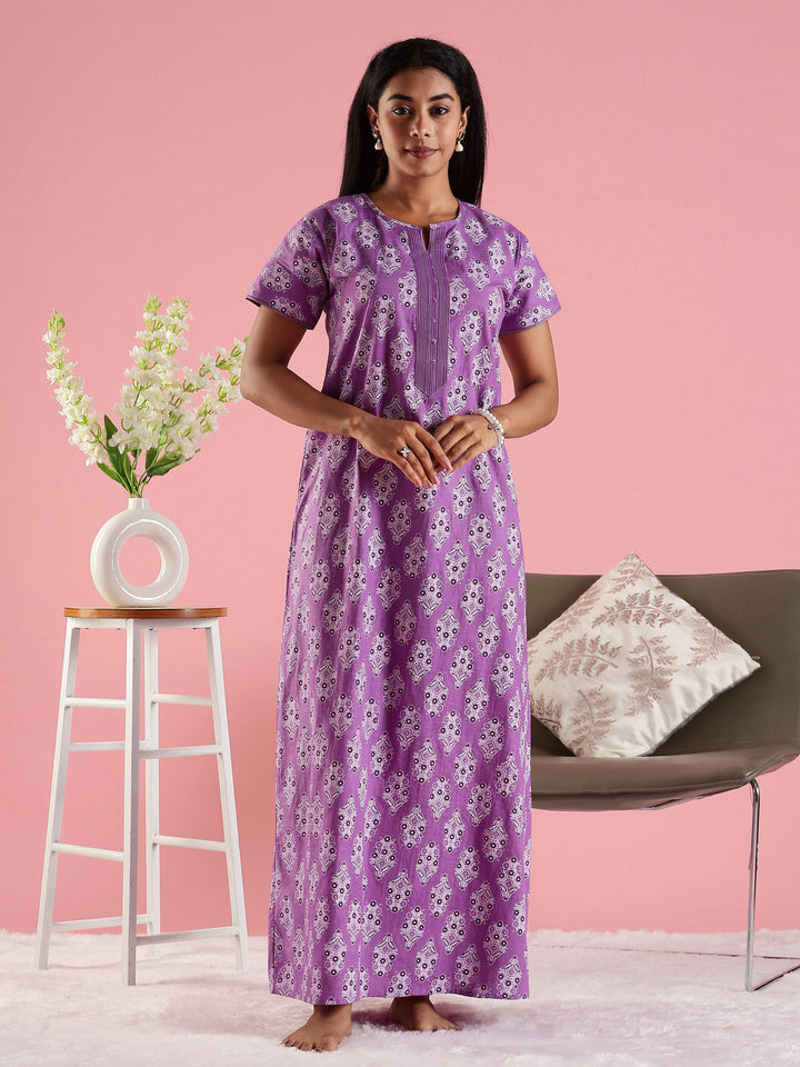 Cotton Nighty for Women in Purple with Printed Design and Pocket