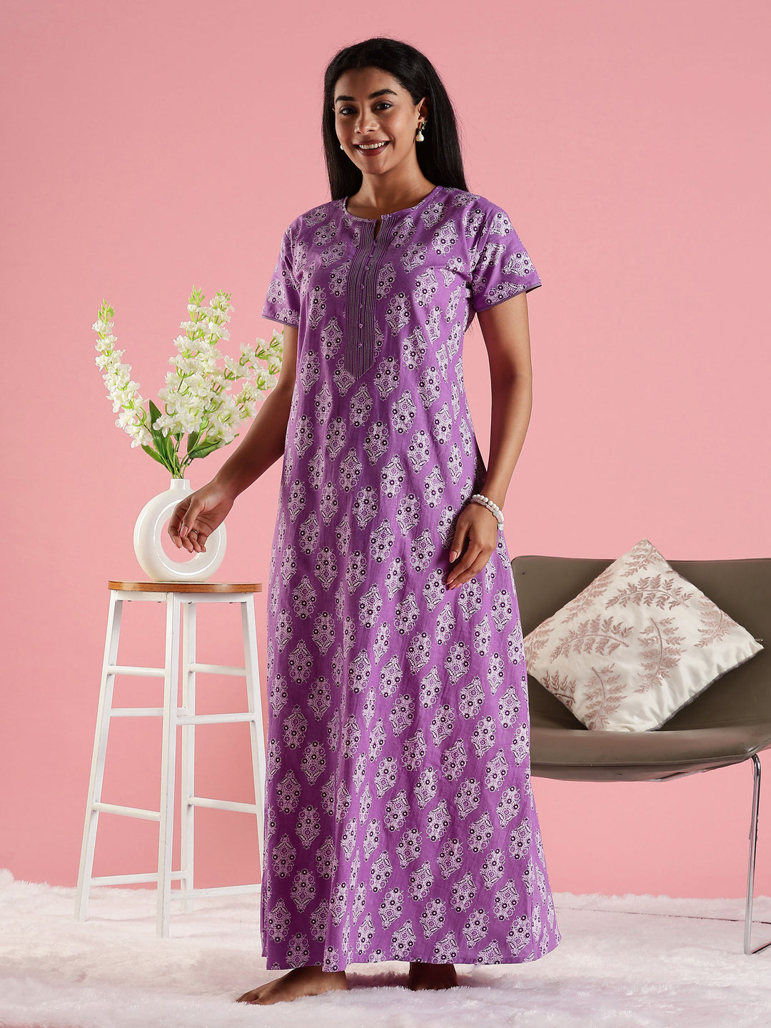 Cotton Nighty for Women in Purple with Printed Design and Pocket