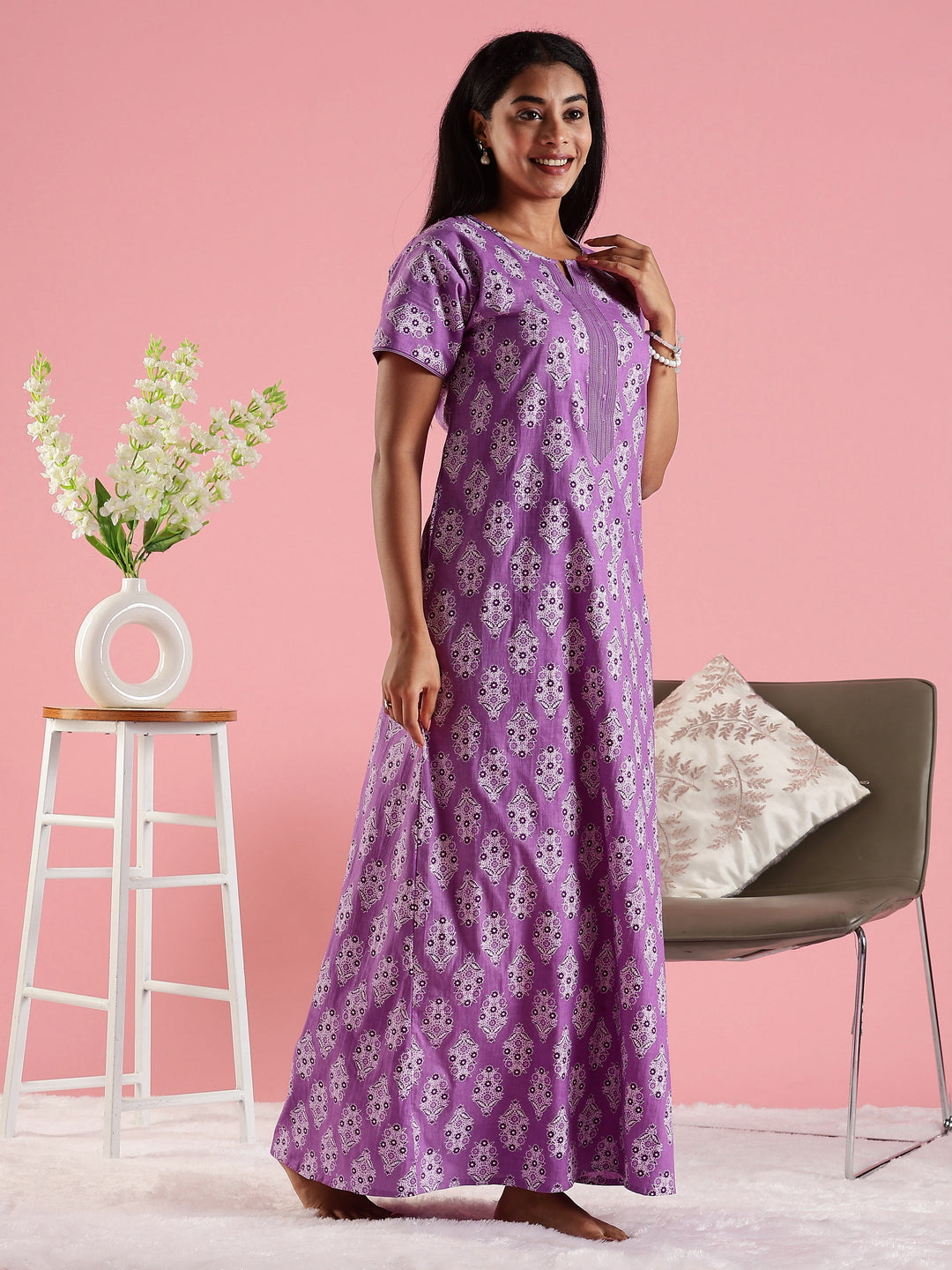Cotton Nighty for Women in Purple with Printed Design and Pocket