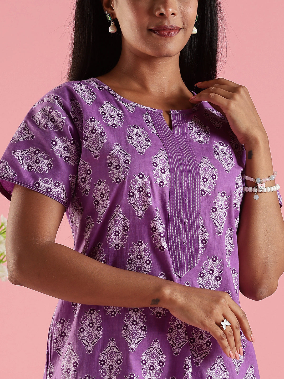Cotton Nighty for Women in Purple with Printed Design and Pocket