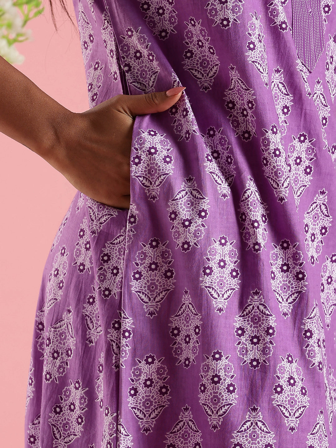 Cotton Nighty for Women in Purple with Printed Design and Pocket