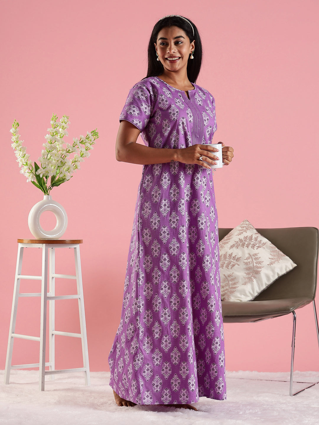 Cotton Nighty for Women in Purple with Printed Design and Pocket