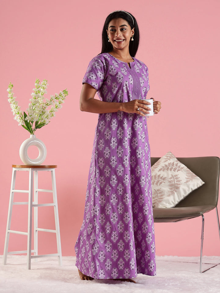 Cotton Nighty for Women in Purple with Printed Design and Pocket