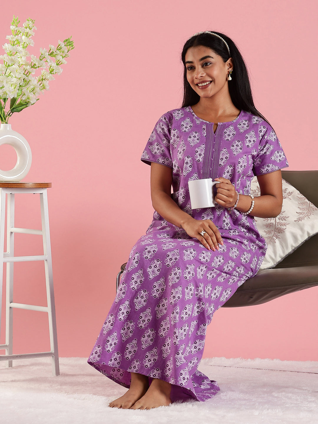 Cotton Nighty for Women in Purple with Printed Design and Pocket