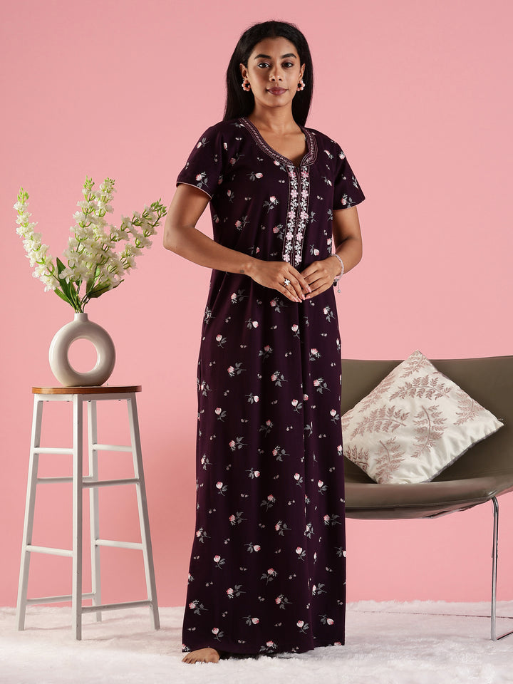 Deep Purple Hosiery Cotton Floral Designer Nighty for Women with Zip and Pocket