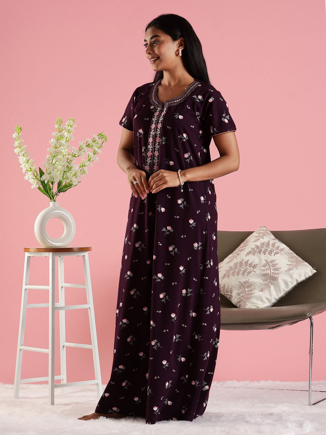 Deep Purple Hosiery Cotton Floral Designer Nighty for Women with Zip and Pocket