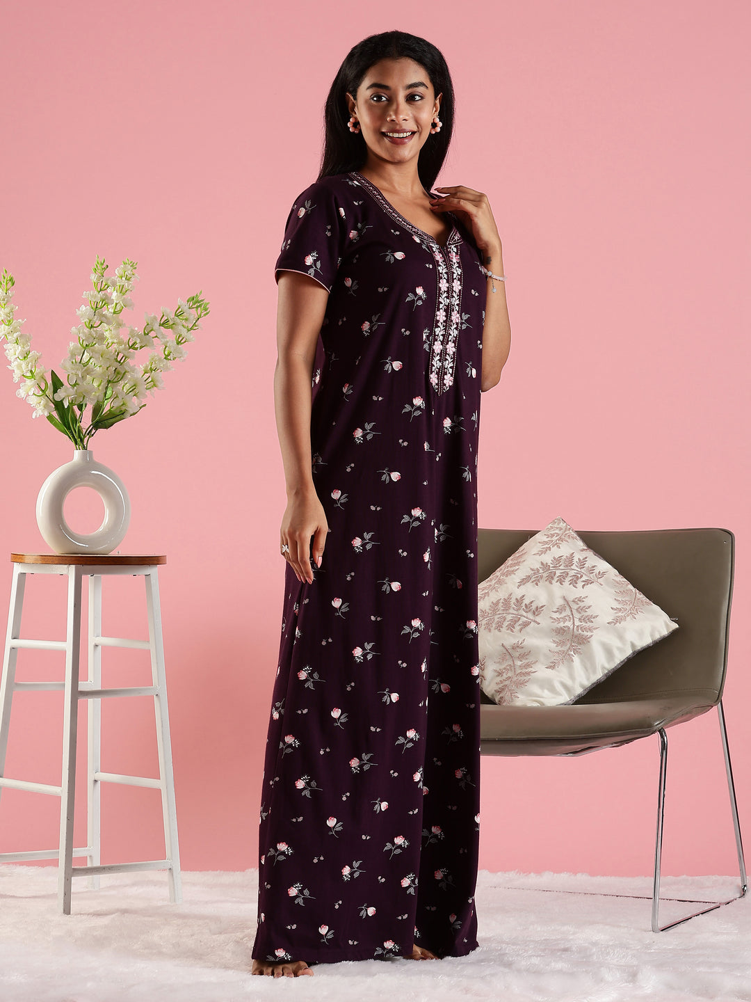 Deep Purple Hosiery Cotton Floral Designer Nighty for Women with Zip and Pocket