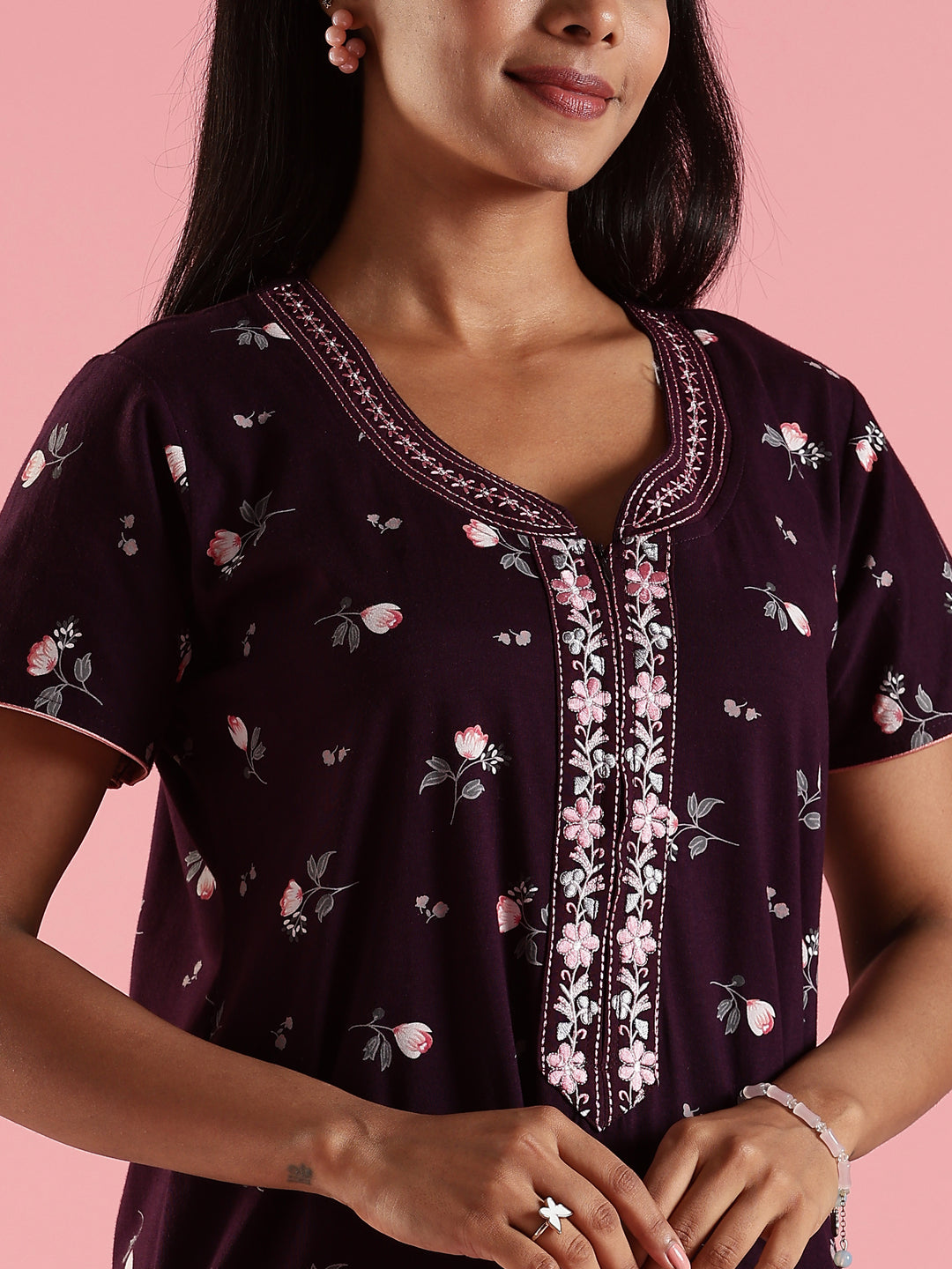 Deep Purple Hosiery Cotton Floral Designer Nighty for Women with Zip and Pocket