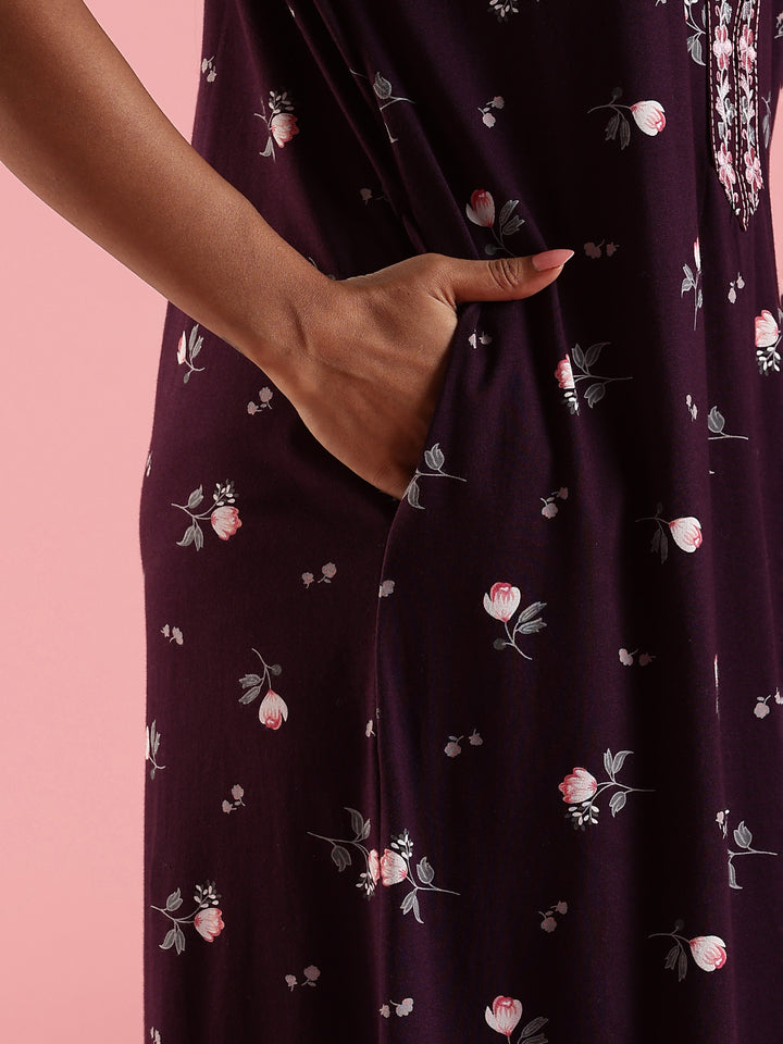 Deep Purple Hosiery Cotton Floral Designer Nighty for Women with Zip and Pocket