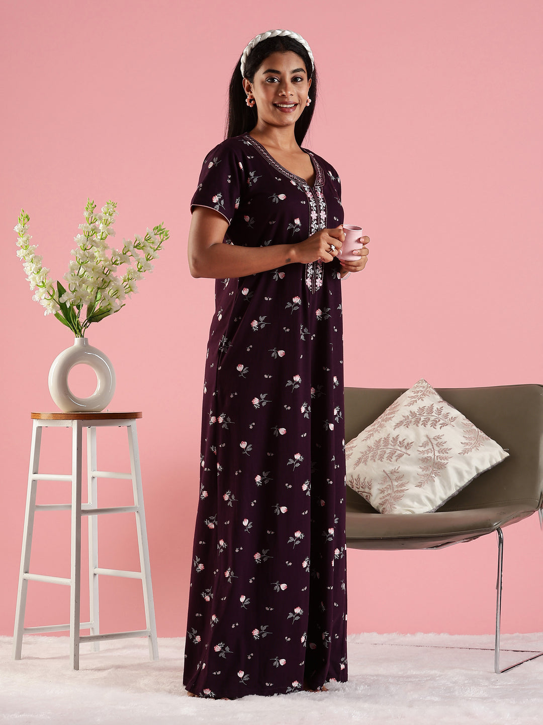 Deep Purple Hosiery Cotton Floral Designer Nighty for Women with Zip and Pocket