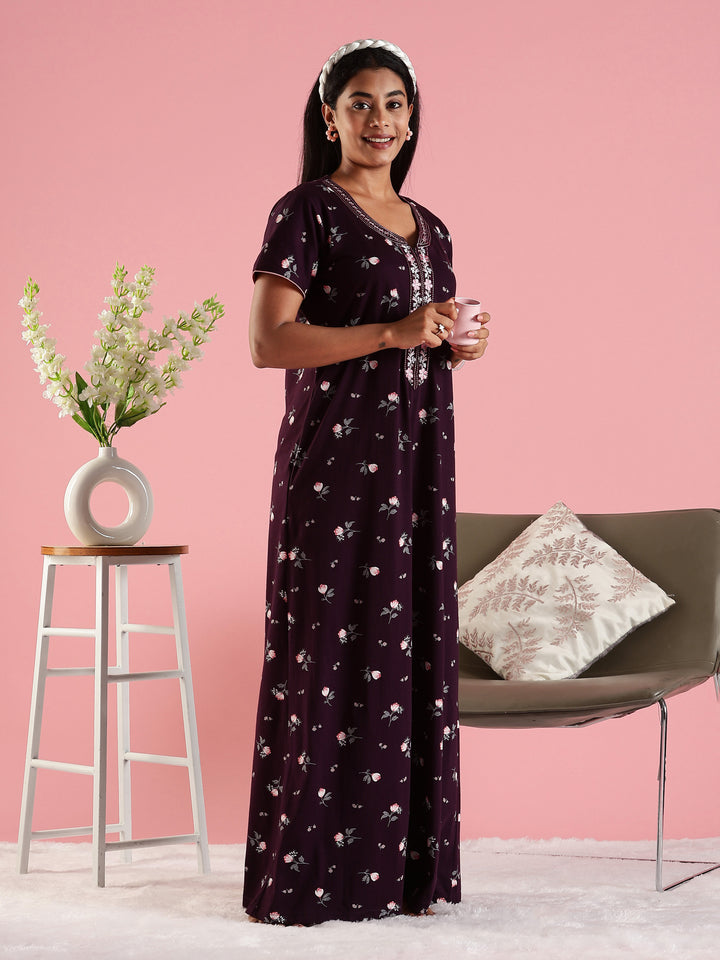 Deep Purple Hosiery Cotton Floral Designer Nighty for Women with Zip and Pocket