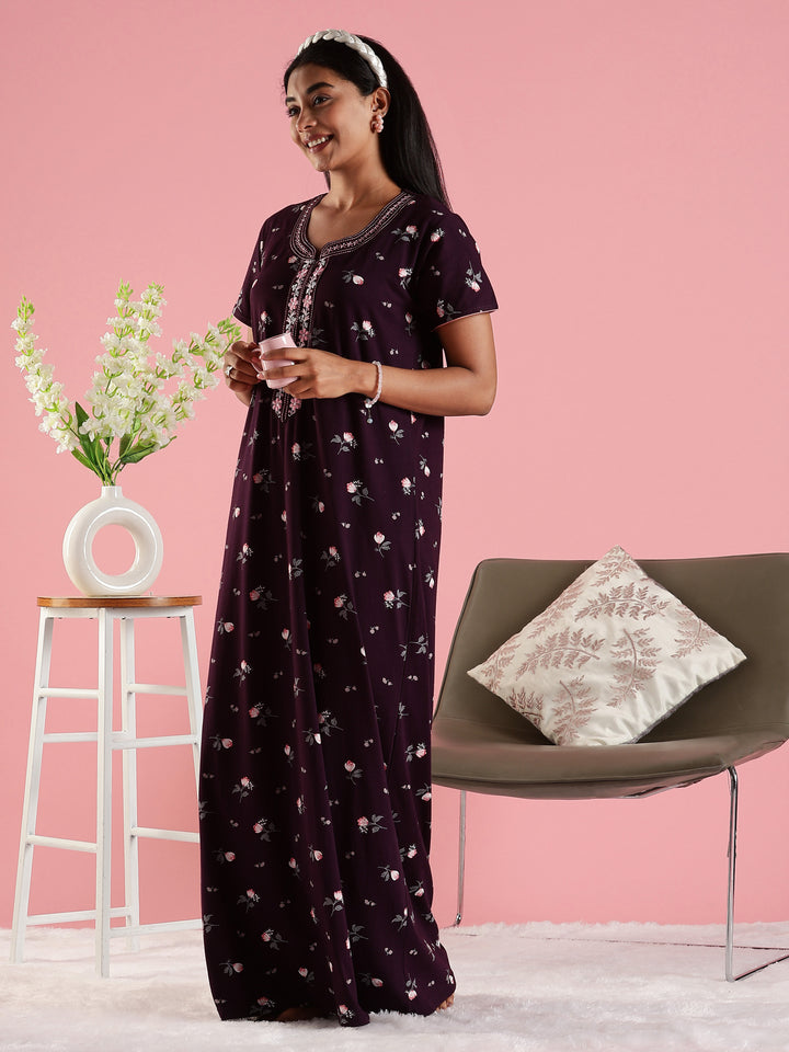 Deep Purple Hosiery Cotton Floral Designer Nighty for Women with Zip and Pocket