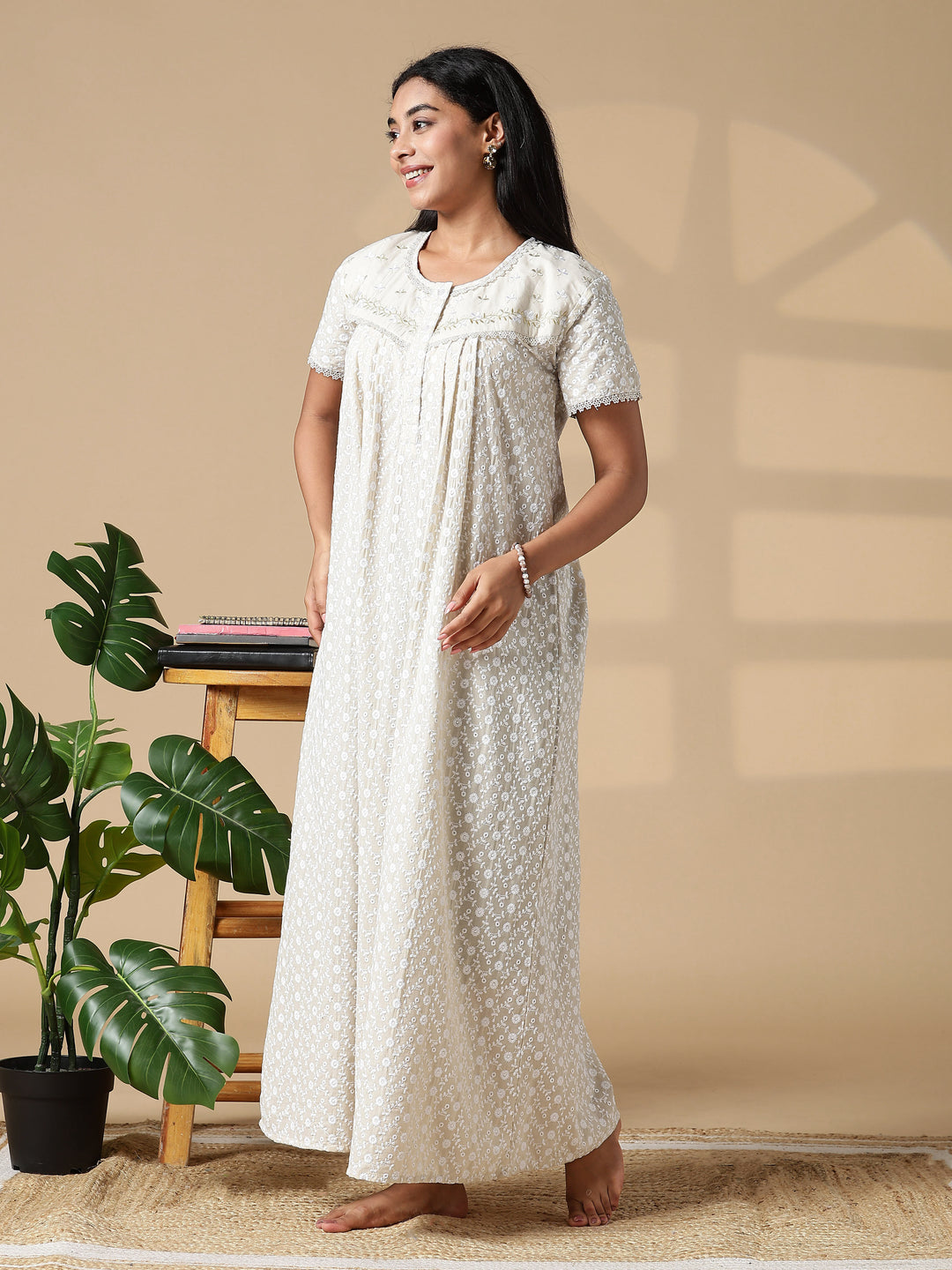 Beige Pure Cotton Chikankari Pleated Nighty for Women Breathable Comfort