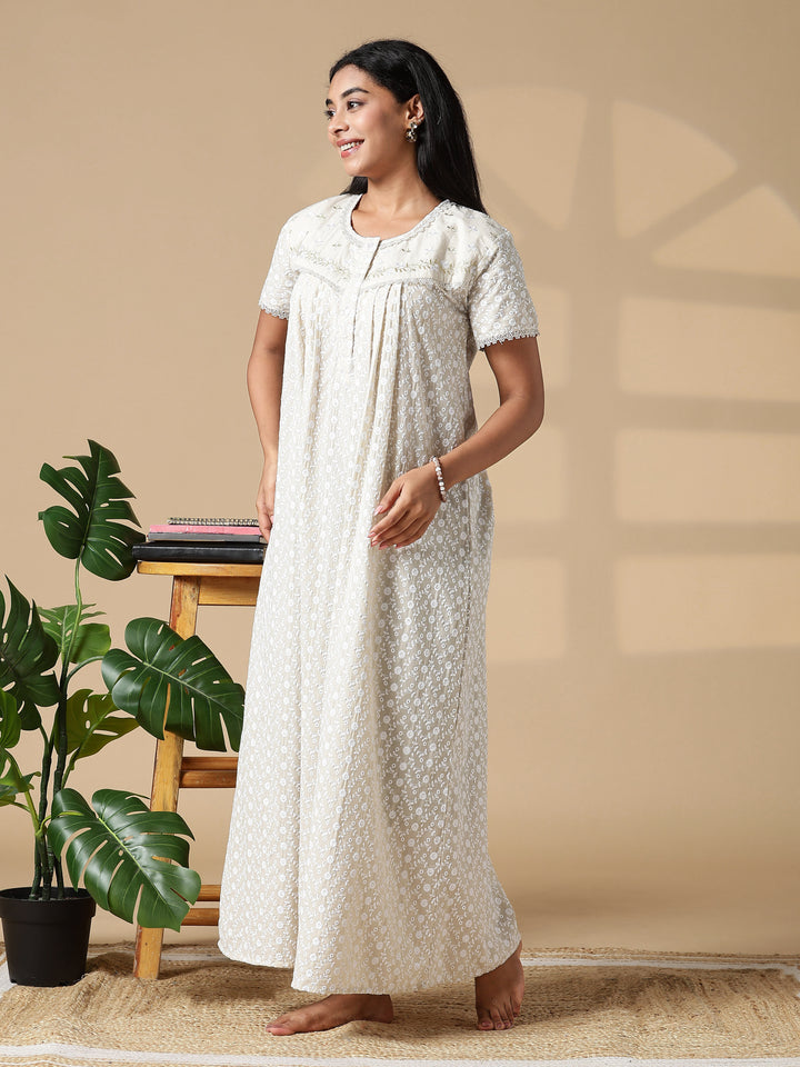 Beige Pure Cotton Chikankari Pleated Nighty for Women Breathable Comfort