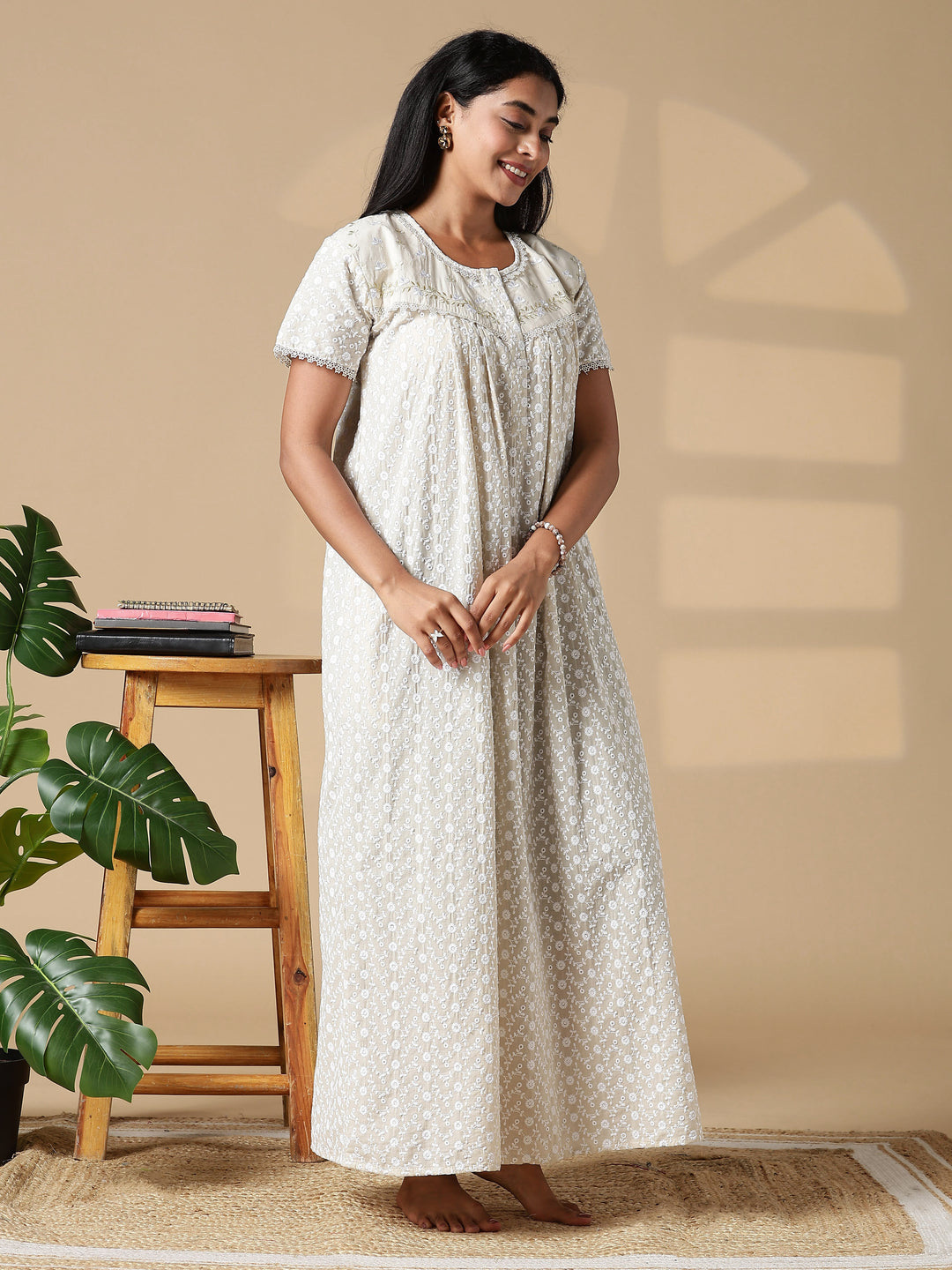 Beige Pure Cotton Chikankari Pleated Nighty for Women Breathable Comfort