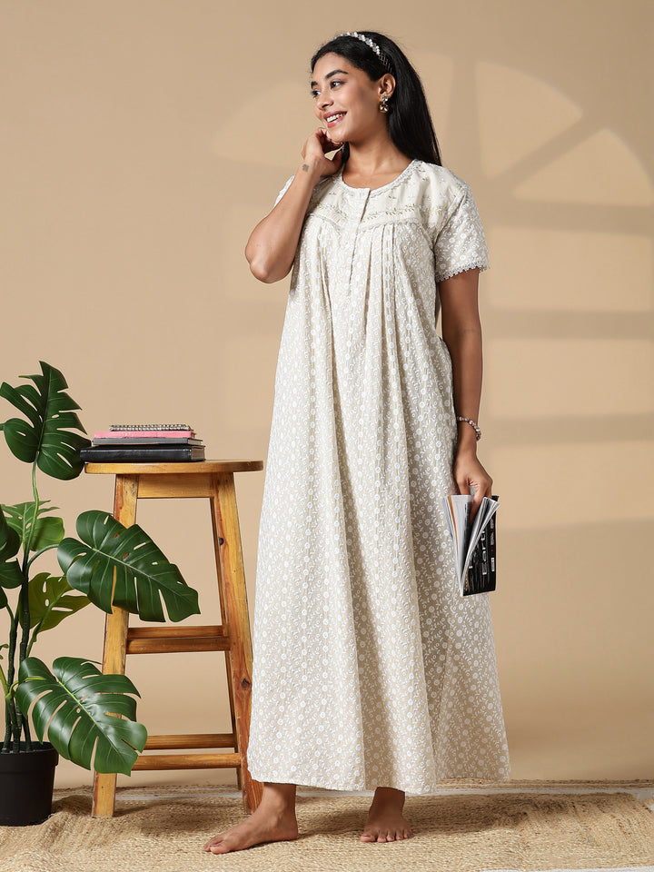 Beige Pure Cotton Chikankari Pleated Nighty for Women Breathable Comfort